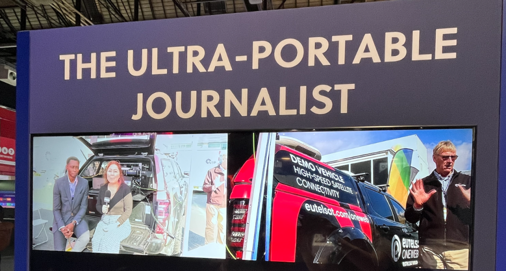 On left: Drew Brandy with Eutelsat and myself chatting from the Eutelsat demo vehcile | On right: David Fuller with Eutelsat doing a show and tell